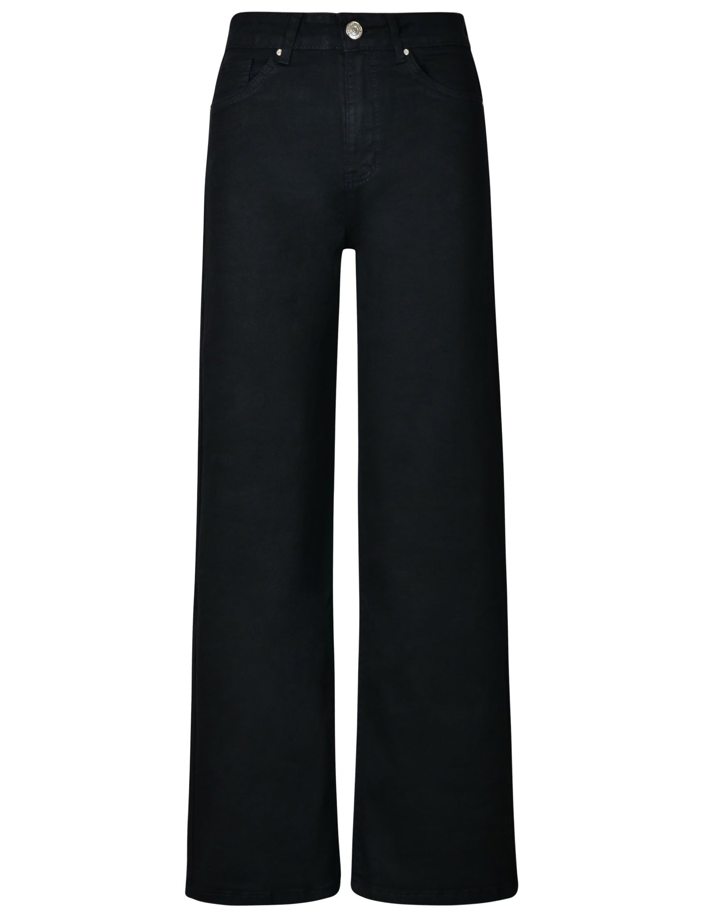 Rear view of the Thalassa black wide-leg jeans, displaying the pockets and flattering silhouette.