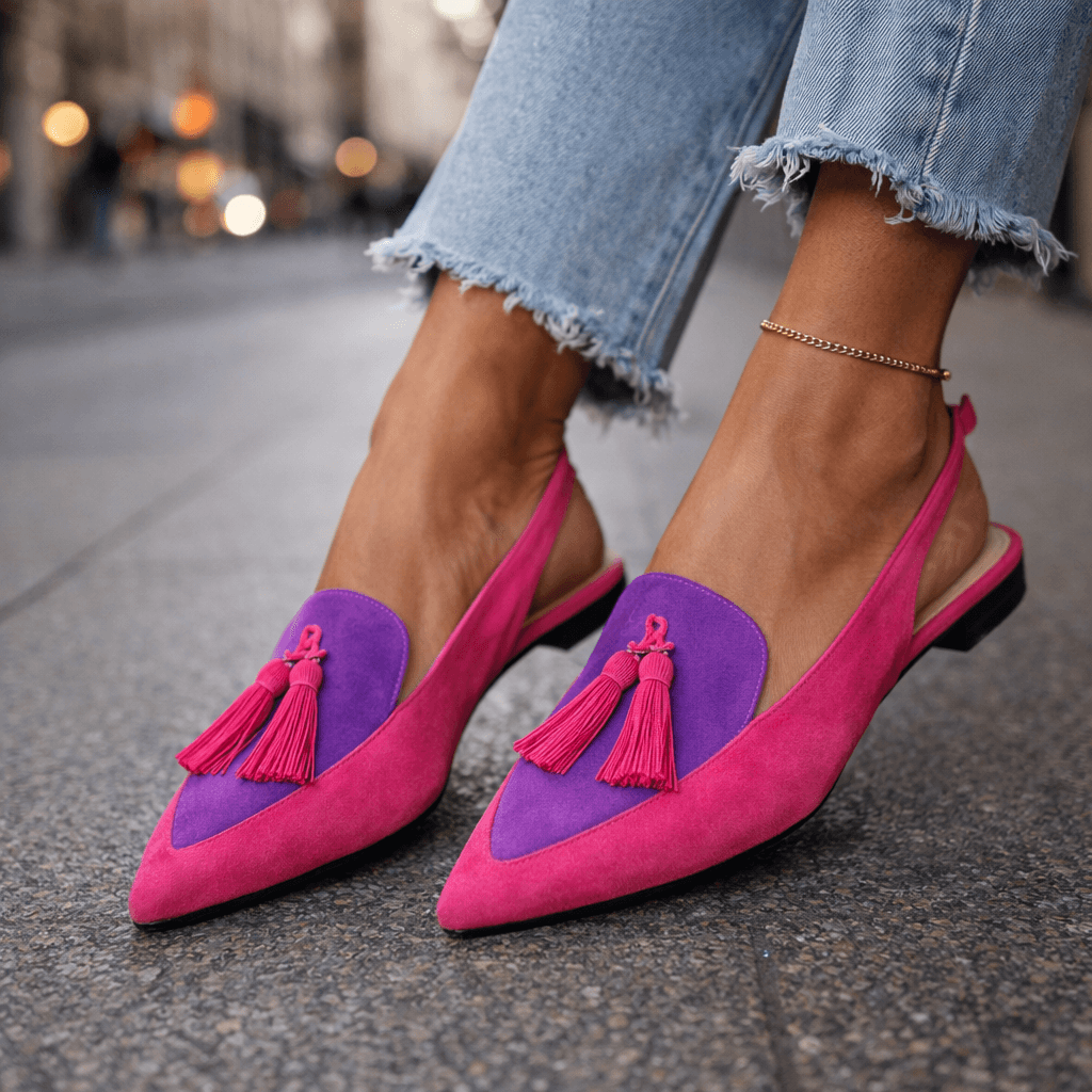 Rear view of the open-heel design on the comfortable flat sandals, perfect for warm weather.