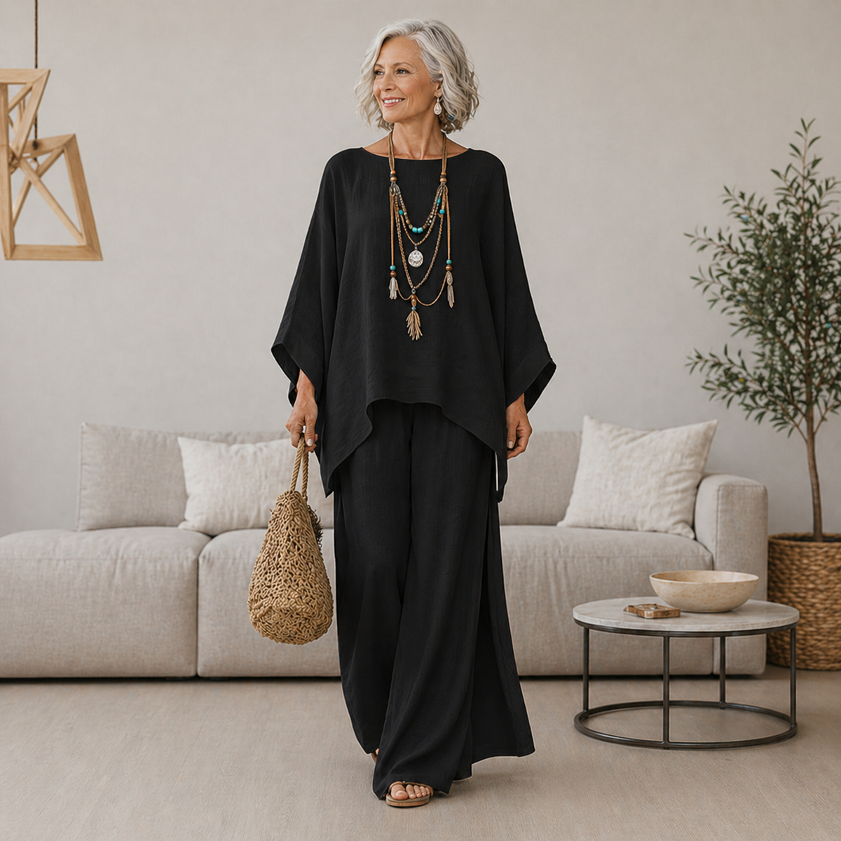 Yara black relaxed fit trousers paired with a complementary top, full-length shot.