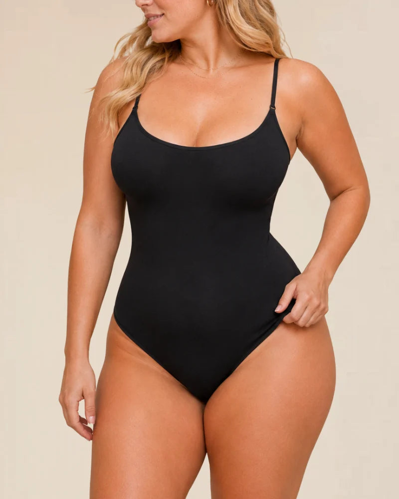 Rear view of the mocha Zephyra body shaper, illustrating its full coverage and smooth finish.